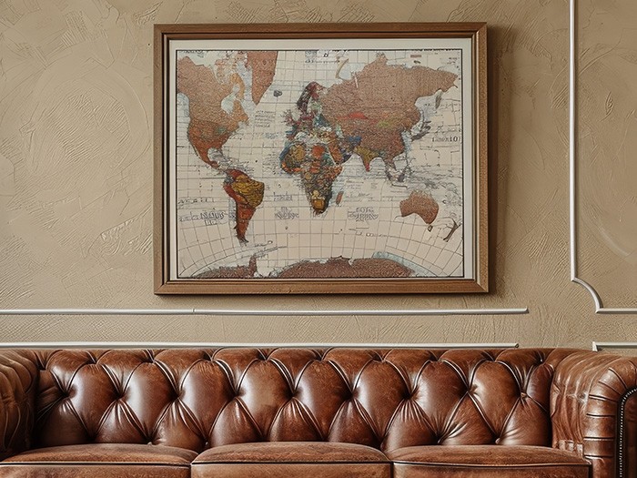  Carte du monde dans un cadre accroché au mur au-dessus d’un canapé en cuir marron.