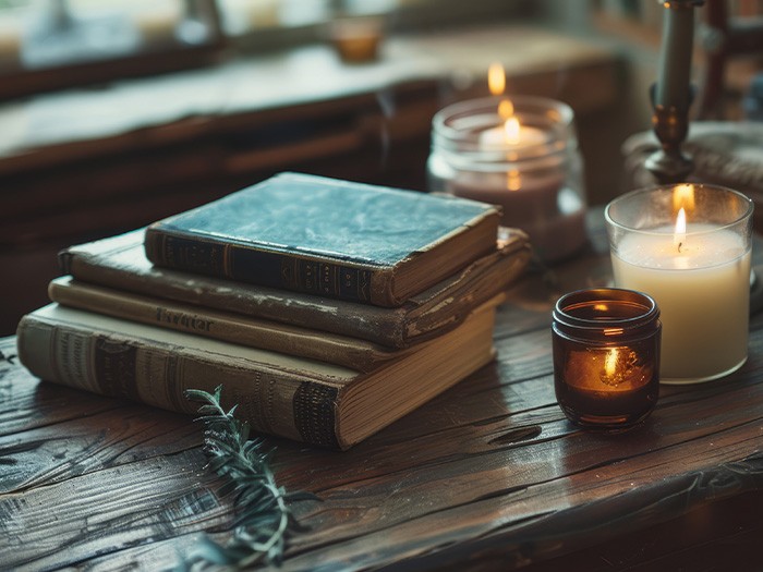 Des livres anciens empilés sur une table basse.