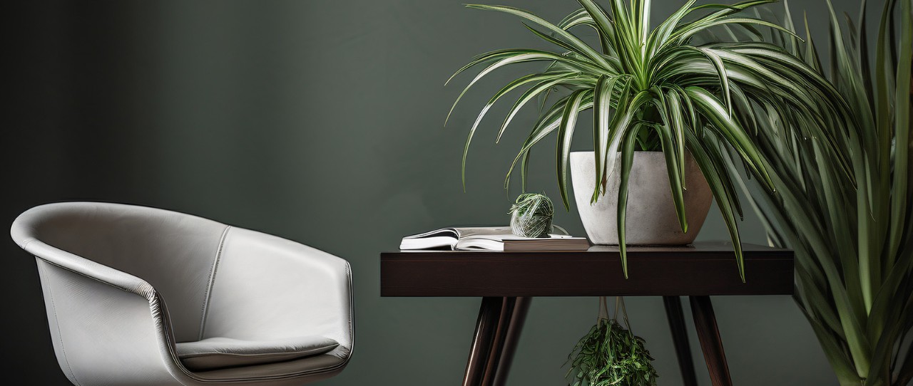 Chaise et table surmontées d’une plante.
