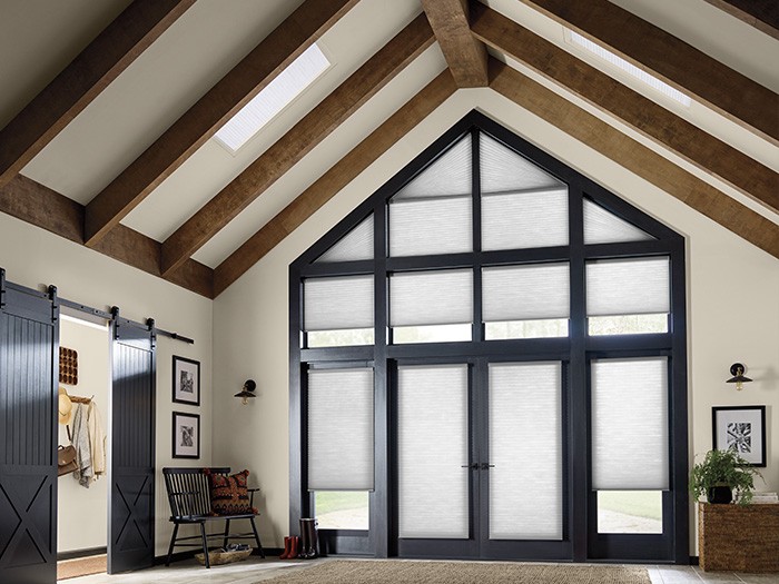 Grand salon avec plafond voûté et deux puits de lumière équipés de stores en nid d’abeille ApplauseMD.